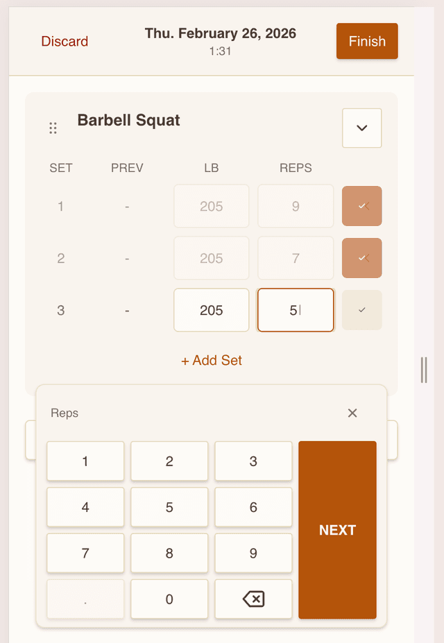 Reps workout logging interface